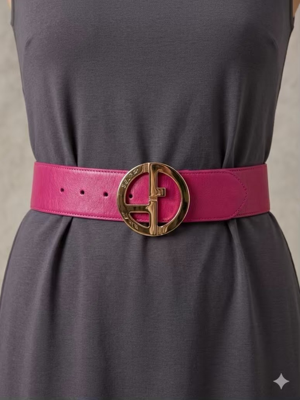 Giorgio Armani Fuchsia Leather Belt with Gold Round Logo Buckle